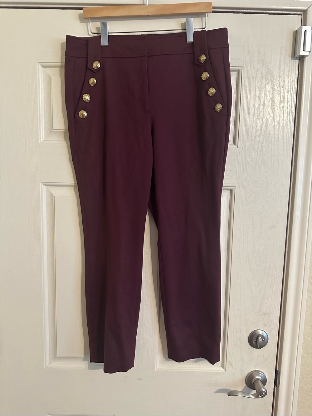 White House Black Market Burgundy Slim High-Rise Trousers with Gold Buttons